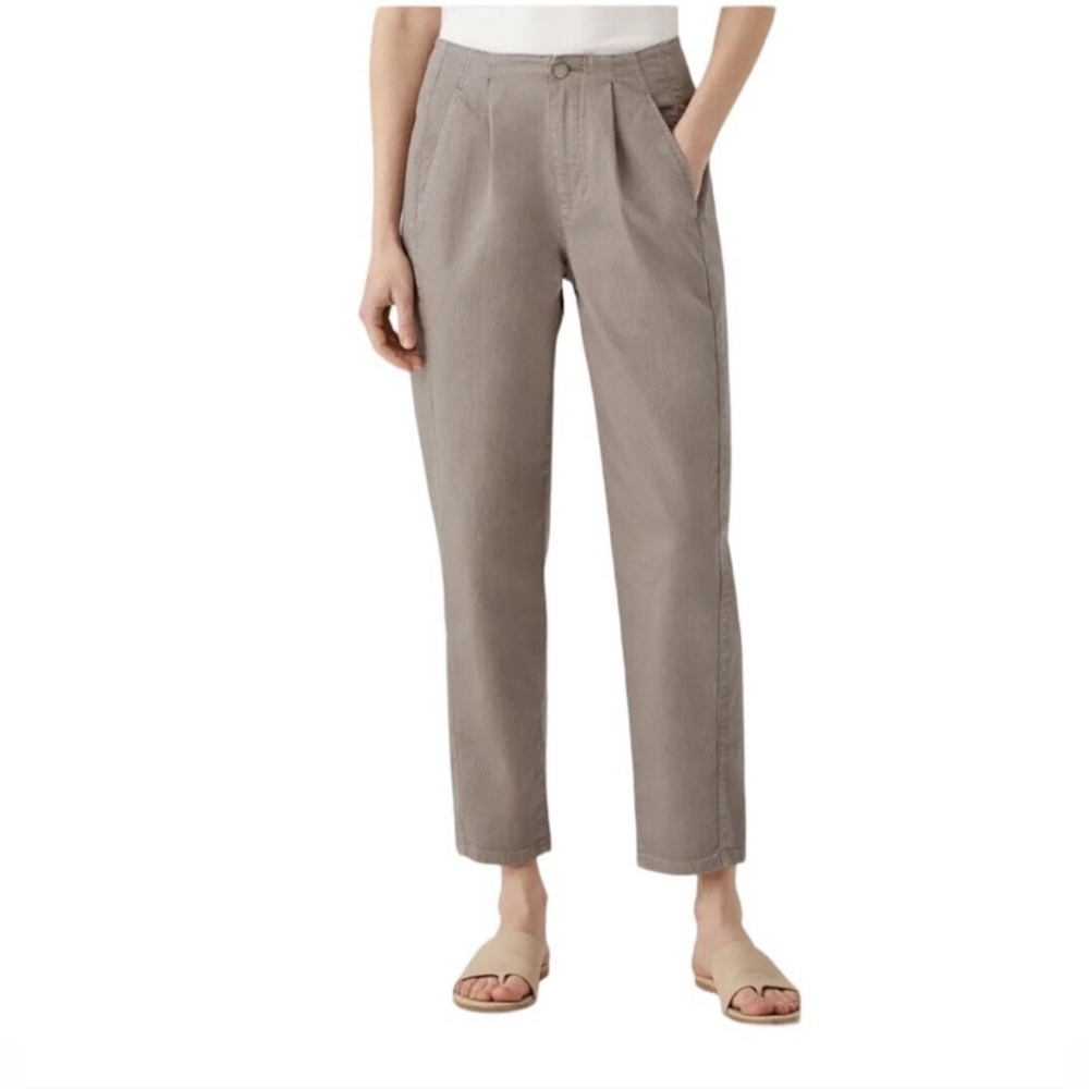 Eileen Fisher Tapered Ankle High Waist Pant Pleat Organic Cotton Khaki Size 10 - Picture 1 of 11